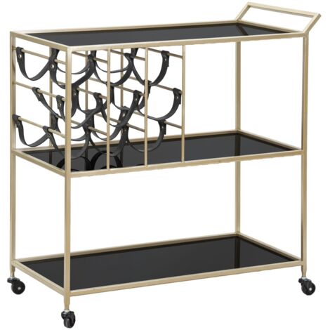 Carrello struttura in ferro color oro e nero con ruote, portabottiglie e 3 ripiani