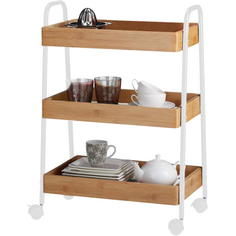 Carrello Trolley Cucina in Metallo 3 Ripiani in legno 4 Ruote Salvaspazio Bianco