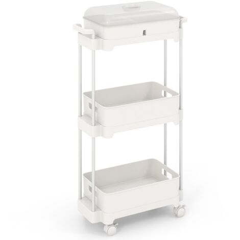 Carrello utilitario a 3 livelli con ruote bloccabili Carrello di stoccaggio con coperchio e scaffali rimovibili Bianco