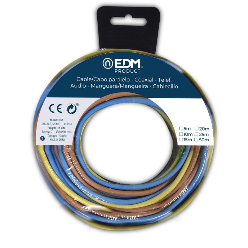 

Carrete cablecillo 1,5mm 3 cables (az-m-t) 5mts xcolor 15mts - EDM