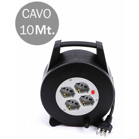 Carrete de cable alargador V-TAC con 4 tomas Schuko + protección térmica 16A 2P+T, color negro y enchufe 16A 2P+T, 10 m