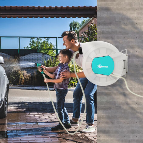 Carrete de Manguera Retráctil 20 +2 m con Soporte Boquilla de 7 Funciones y Bloqueo Retorno Automático Gris