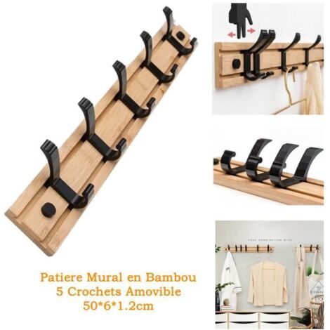 CARRETT Patère Mural à 5 Crochets en Bambou, Porte Manteau de Suspension Mural pour Chambre à Coucher, Salle de Bain, Salon, Cuisine