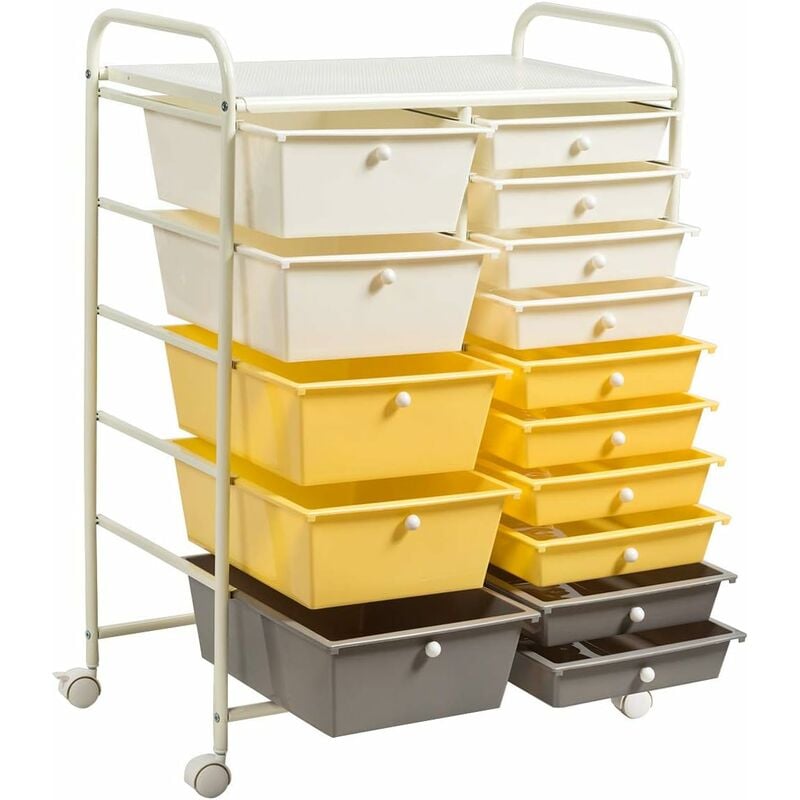 

Carrito Auxiliar Almacenamiento con Ruedas Estructura Metálica,Carro Organizador con 15 Cajones Apilables para Cocina Restaurante Amarillo