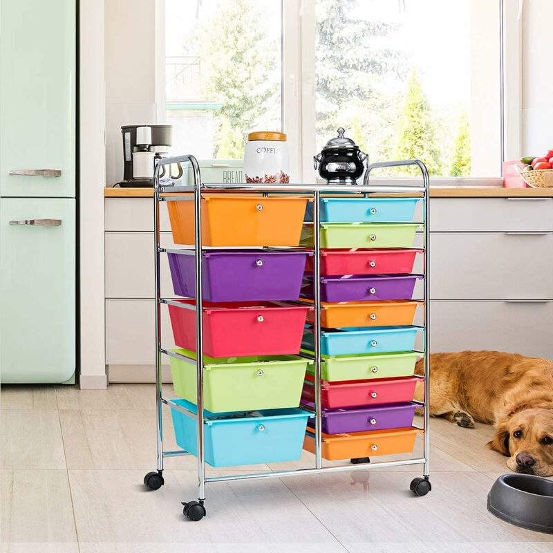 

Carrito Auxiliar Almacenamiento con Ruedas Estructura Metálica,Carro Organizador con 15 Cajones Apilables para Cocina Restaurante (Multicolor)