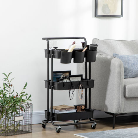 Carrito Auxiliar con Ruedas Carro de Almacenaje Multifuncional con Ganchos y Cajas Colgantes 42x38x86,5 cm Negro