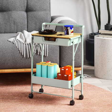 Carrito Auxiliar con Ruedas de 2 Niveles con Cajón Encimera y Cesta de Rejilla para Dormitorio Baño Cocina Verde Claro
