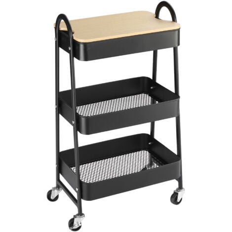Carrito auxiliar con ruedas de 3 niveles carrito de cocina con 3 cestas de acero y 1 placa de cubierta para comedor sala baño 45x31x79,4 cm negro