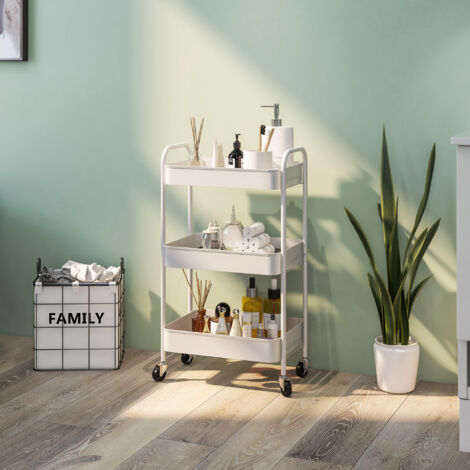 Carrito Auxiliar con Ruedas de 3 Niveles Carrito de Cocina con 3 Cestas y 2 Asas 45x30,6x79 cm Blanco