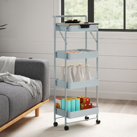 Carrito Auxiliar con Ruedas de 4 Niveles con Cajón Encimera y Cestas de Rejilla para Dormitorio Baño Cocina Verde Claro