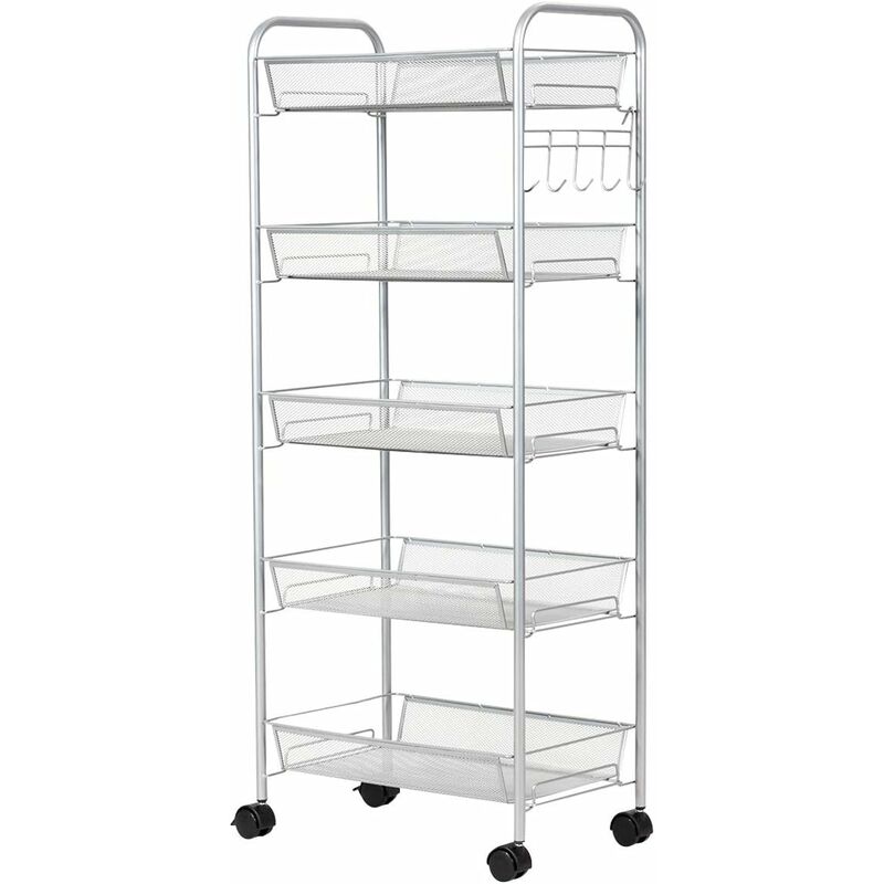 

Carrito Auxiliar Multiuso de Servicio con 5 Estantes de Metal Carro con 4 Ruedas y Ganchos para Cocina Baño Restaurante
