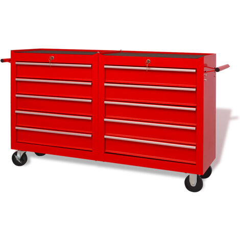 Carrito-caja de herramientas 10 cajones tamaño XXL acero rojo