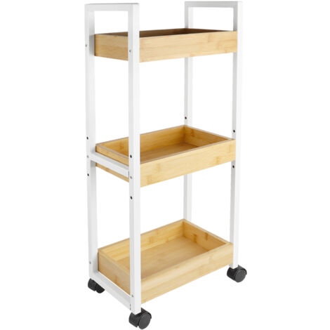 Carrito de baño de bambú con ruedas de 3 niveles, carrito de cocina estrecho, carrito de nicho con 3 cestas, estante de baño, blanco