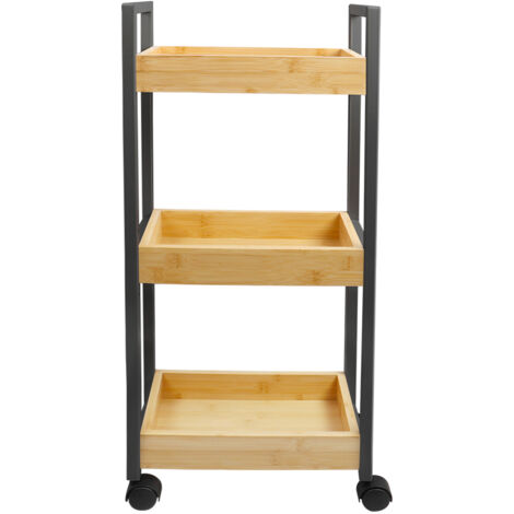 Carrito de baño de bambú con ruedas de 3 niveles, carrito de cocina estrecho, carrito de nicho con 3 cestas, estante de baño, color negro