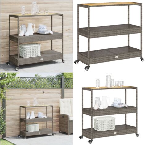 Carrito de bar 3 niveles ratán PE y madera maciza acacia gris - Almacenamiento - Muebles de exterior
