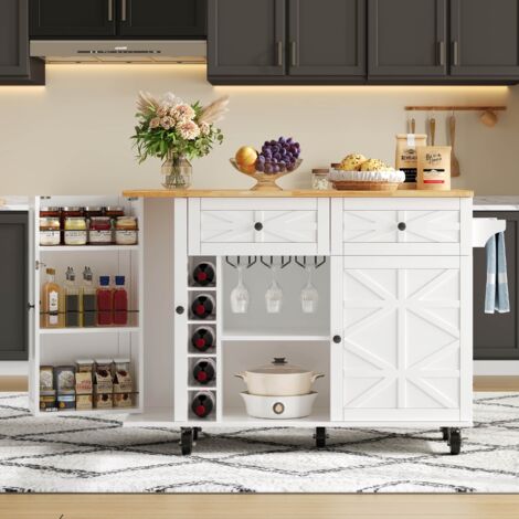Carrito de cocina - 120 x 45/70 x 89 cm - encimera abatible, 5 ruedas, estante, puerta, botellero y portavasos - blanco