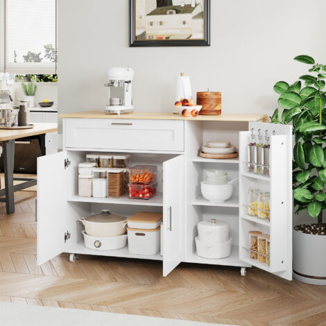 Carrito de cocina 132.5x44x90cm Encimera extensible Plegable Amplio almacenamiento MDF color blanco natural