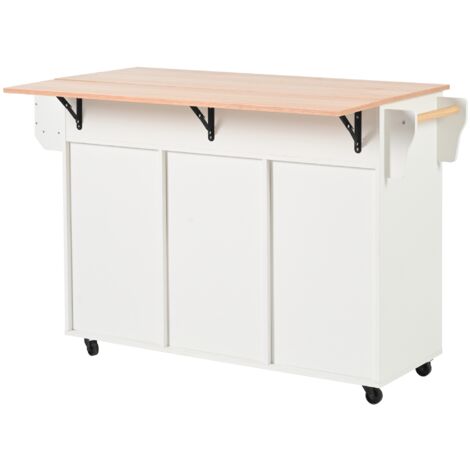 Carrito de cocina, 139 x 46 (71) x 91,5 cm, blanco, tablero plegable, ruedas, espacio de almacenamiento, acabado imitación madera, multifuncional