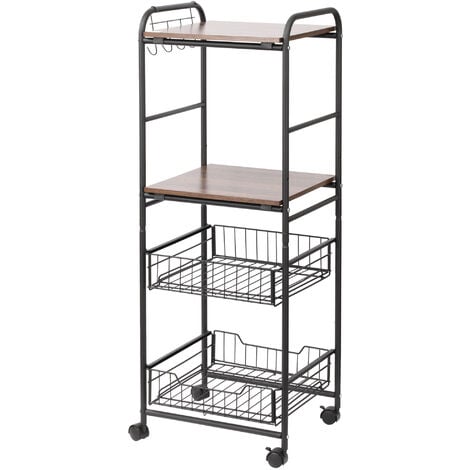 Carrito de cocina carrito auxiliar con ruedas con 2 estantes 2 cestas de alambre extraíbles y 4 ganchos para comedor baño 40x38x111 cm