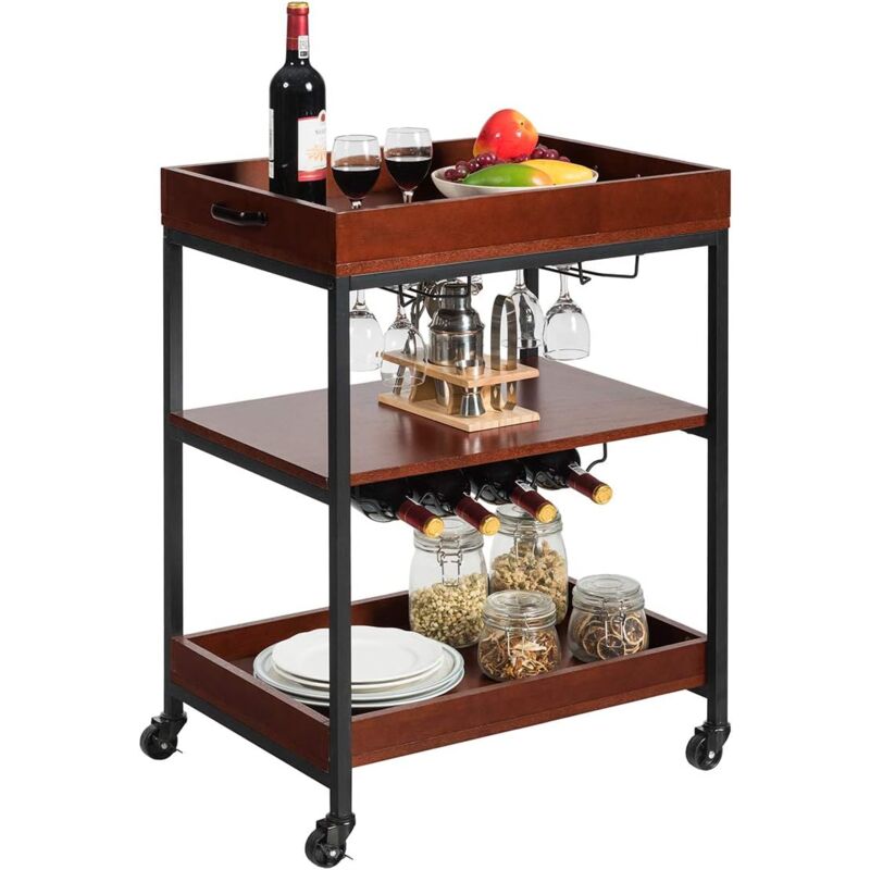 

Carrito de Cocina Carro de Servicio Comedor de 3 Niveles con Ruedas,Botellero y Soportes para Copas para Cocina Salón Restaurante