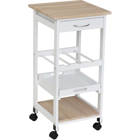 HOMCOM Carrito de cocina carro de servicio de 4 niveles con ruedas Cajón estantes botellero almacenaje para sala de estar comedor 37x37x76 cm