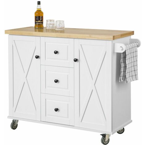 Carrito de Cocina con 3 cajones y 2 Puertas Madera de Caucho con Tablero 116 x 46 x 93 cm FKW96-WN SoBuy ES