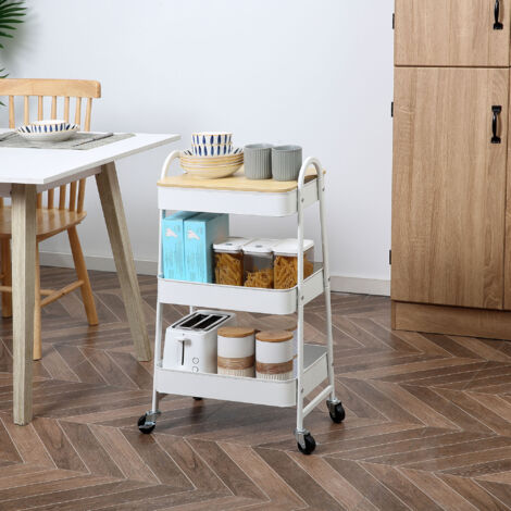 Carrito de Cocina con 3 Cestas de Acero y 1 Placa de Cubierta para Comedor Sala Baño 45x31x79,4 cm Blanco