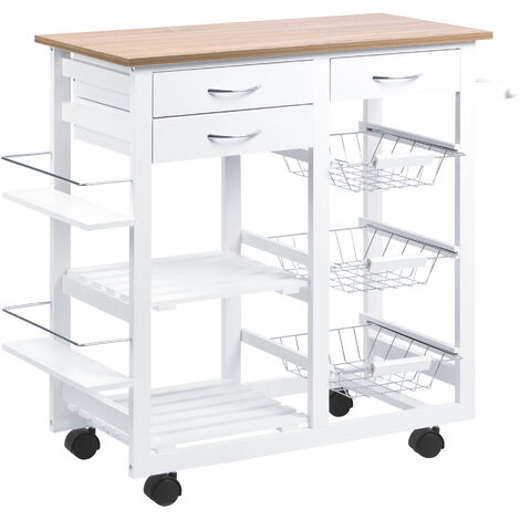 Carrito de Cocina con Cajones Cestas Estantes Toallero Ruedas 92x37x82 cm Blanco
