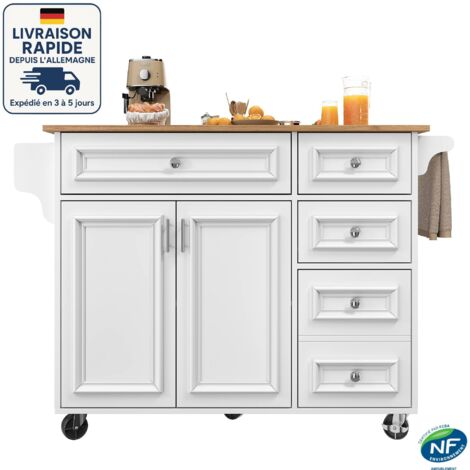 Carrito de cocina con especiero y toallero - 110×45-75×92 cm - Con 5 cajones y 2 puertas - Estilo escandinavo - Madera con certificación PEFC - Líneas limpias - Blanco