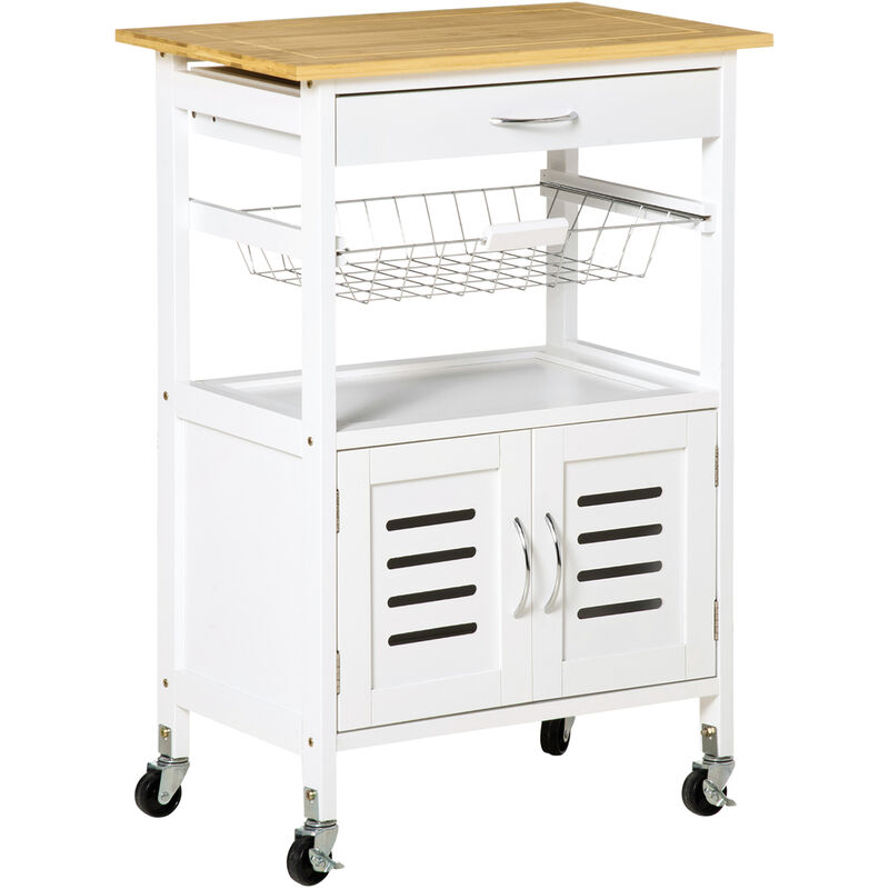 

Carrito de Cocina con Ruedas Carro de Almacenamiento con Encimera de Bambú Cajón Cesta Metálica y Armario de 2 Puertas de Persiana 58x37x83 cm
