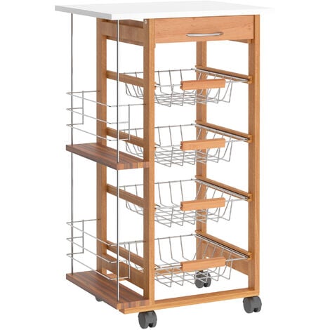 Carrito de Cocina con Ruedas Carro Multiusos con Cajón 4 Cestas Extraíbles de Metal y Bastidores 47x37x83 cm Natural