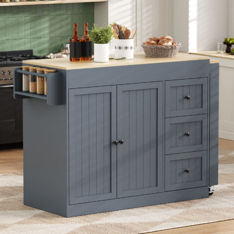 Carrito de cocina con tablero extensible y 3 cajones, en gris, 112-186,8 x 45 x 93 cm