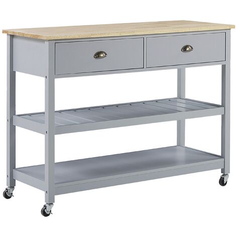 Carrito de cocina gris encimera madera clara 2 estantes 2 cajones para cubiertos ruedas estilo moderno escandinavo Navarino