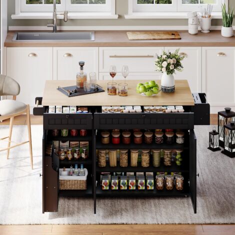 Carrito de cocina - Isla de cocina 137 x 89,5 x 45 cm con tapa abatible, almacenamiento completo, MDF, con ruedas - natural y negro