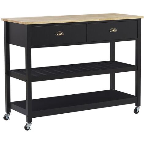 Carrito de cocina negro encimera madera clara 2 estantes 2 cajones para cubiertos ruedas estilo moderno escandinavo Navarino
