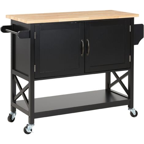 Carrito de cocina negro madera clara MDF estante armario almacenaje ruedas Mele