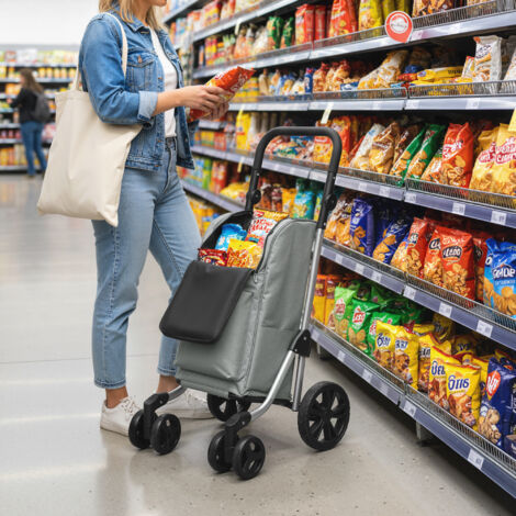 Carrito de Compra Plegable de 46 L Carro 3 en 1 con 6 Ruedas Bolsa Térmica y Asa Ajustable 44x58x100 cm Gris