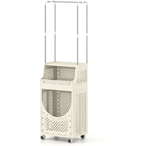 Carrito de lavandería plegable de 3 niveles con 8 ganchos y práctico espacio para guardar ropa y detergentes beige PP 200017061