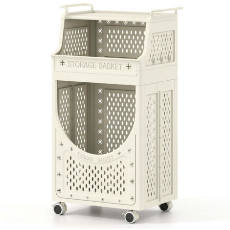 Carrito de ropa plegable de 3 niveles 40 x 30 x 78 cm con 6 ganchos práctico almacenamiento PP beige 200018227