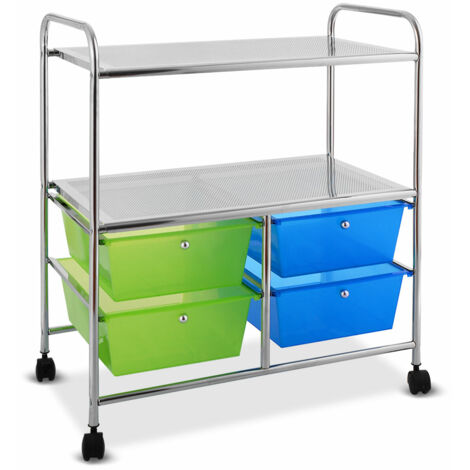 Carrito de Servicio con Ruedas y Cajones 3 Niveles Carro Auxiliar para Cocina Restaurante Organizador Verde Azul