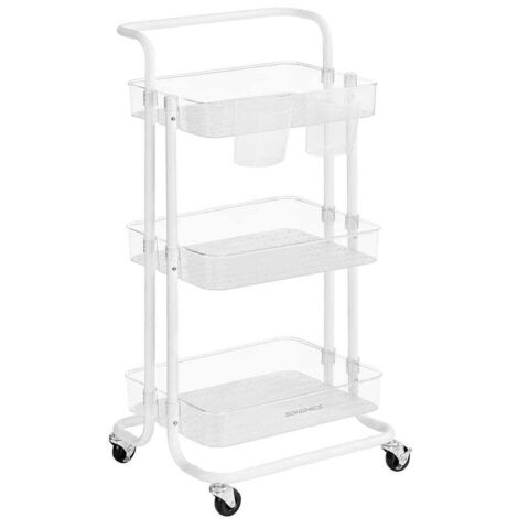 Carrito de servicio móvil de 3 niveles con ruedas estante de almacenamiento con asa 2 ollas 2 frenos cestas de plástico fácil montaje para dormitorio cocina blanco 120005040