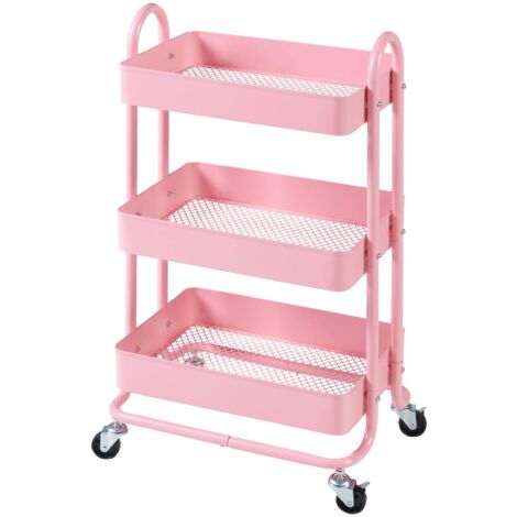 Carrito de servicio mueble de almacenaje para cocina y salón con 3 cestas acero 79 x 46 x 35 cm rosa 030009231