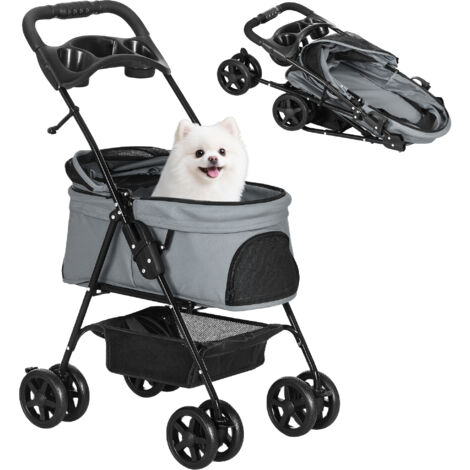Carrito para Perros Pequeños con Ruedas Universales Cesta de Almacenaje Correas de Seguridad y Ventanas 67x45x96 cm Gris