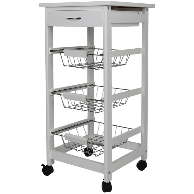 

Carro de cocina blanco con ruedas con 3 cestas de almacenamiento de acero inoxidable y cajón - Bois couleur