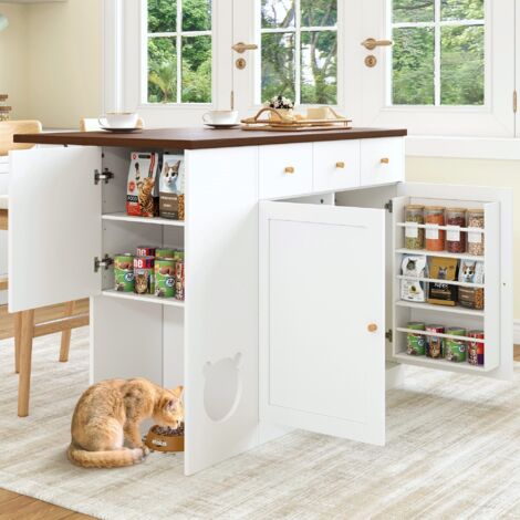 Carro de Cocina con 3 Cajones y 2 Puertas, Encimera Extensible, Especiero y Zona para Mascota, MDF, Blanco Nogal, 120x40x90 cm