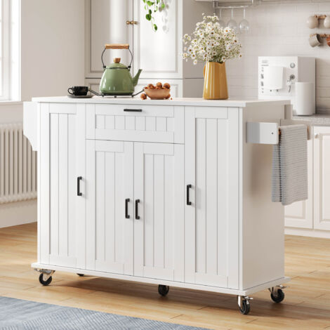 Carro de Cocina con 4 Puertas y 1 Cajon, Encimera Plegable, Toalleros y Ruedas, de MDF, 120x45x95 cm, Blanco