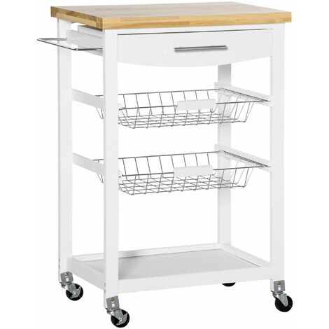 Carro de Cocina con Ruedas Carrito de Servicio con 1 Cajón 2 Cestas Extraíbles Estante Inferior y Barra para Colgar para Comedor Salón 63x40x86 cm