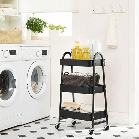 Carro de cocina con ruedas de 3 niveles Carro de almacenamiento con ruedas con cerradura y asas multifunción resistente para cocina, dormitorio, baño, oficina (NEGRO)