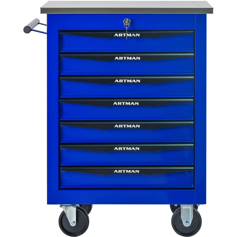 Carro de herramientas con 7 cajones, multifuncional, móvil, carro de taller de metal con encimera de acero inoxidable para garaje y taller, negro y