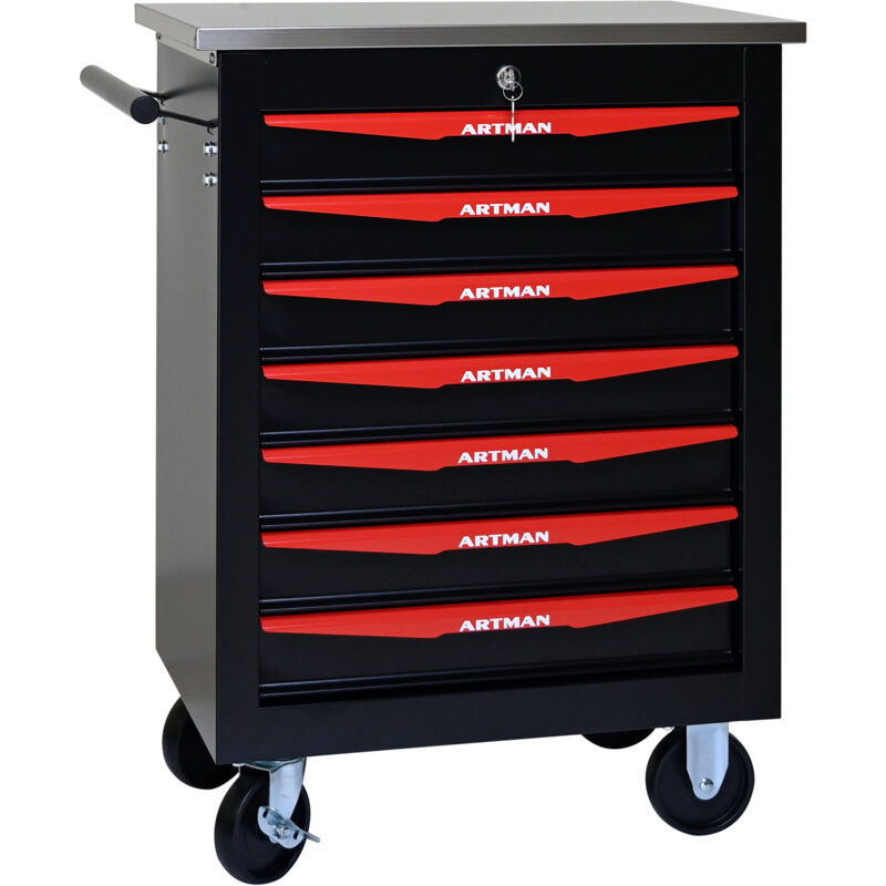 Carro de herramientas con 7 cajones, multifuncional, móvil, carro de taller de metal con encimera de acero inoxidable para garaje y taller, negro y